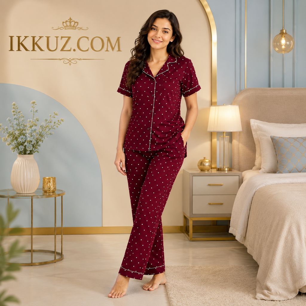 Premium Women’s Cotton Printed Night Suit – Maroon Floral Pajama Set