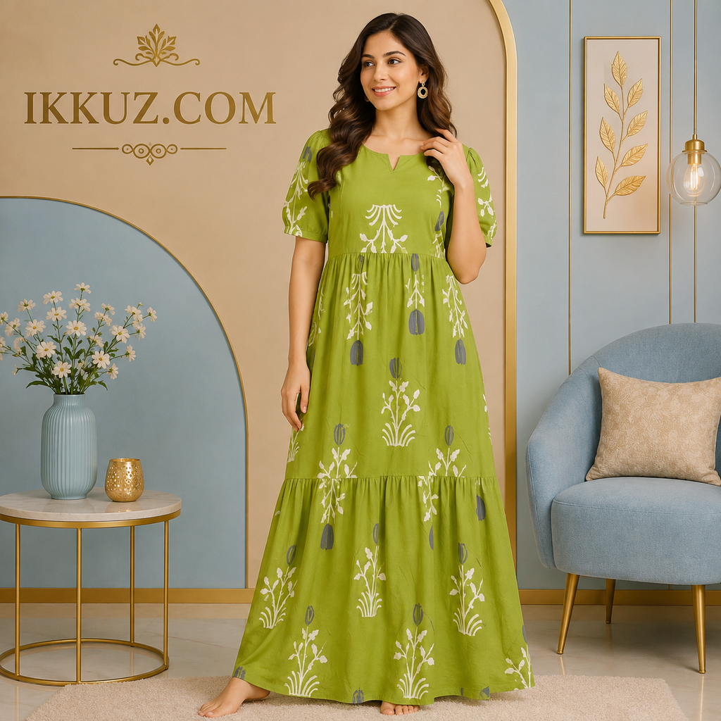 Emerald Grace Cotton A-Line Maxi Dress – Exclusive Abstract Print