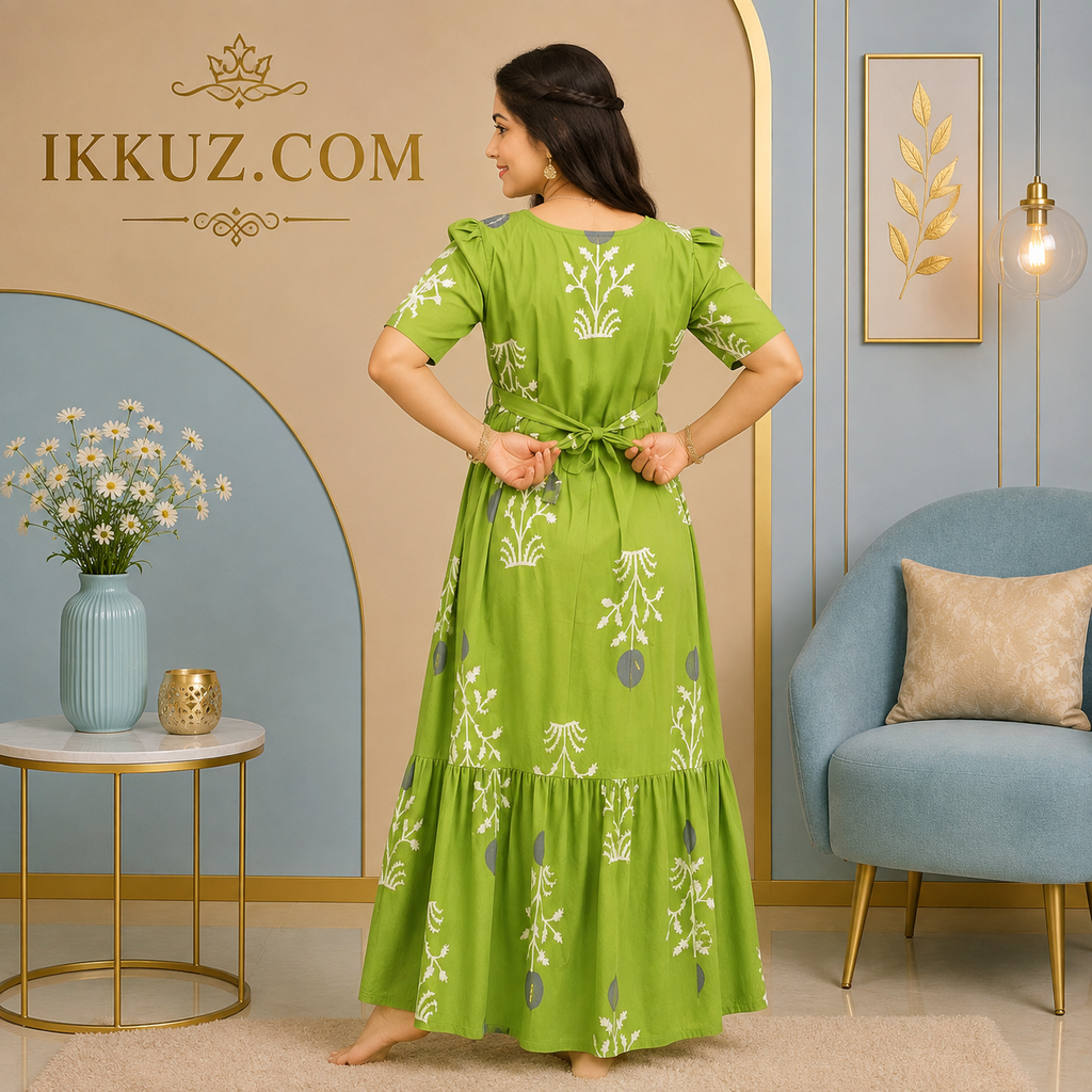 Emerald Grace Cotton A-Line Maxi Dress – Exclusive Abstract Print