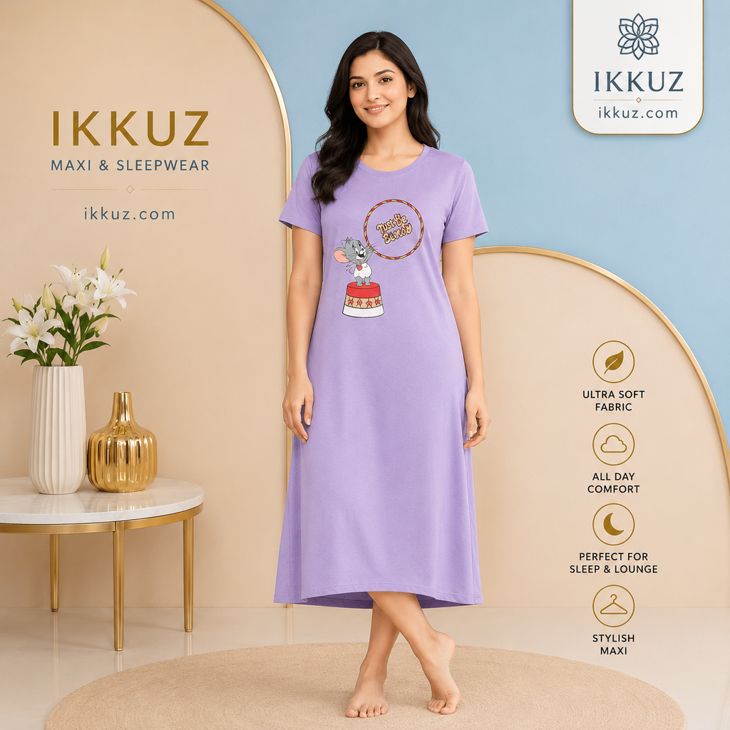 Lavender Comfort Premium 3/4 Nightdress – Stylish Printed Sleepwear