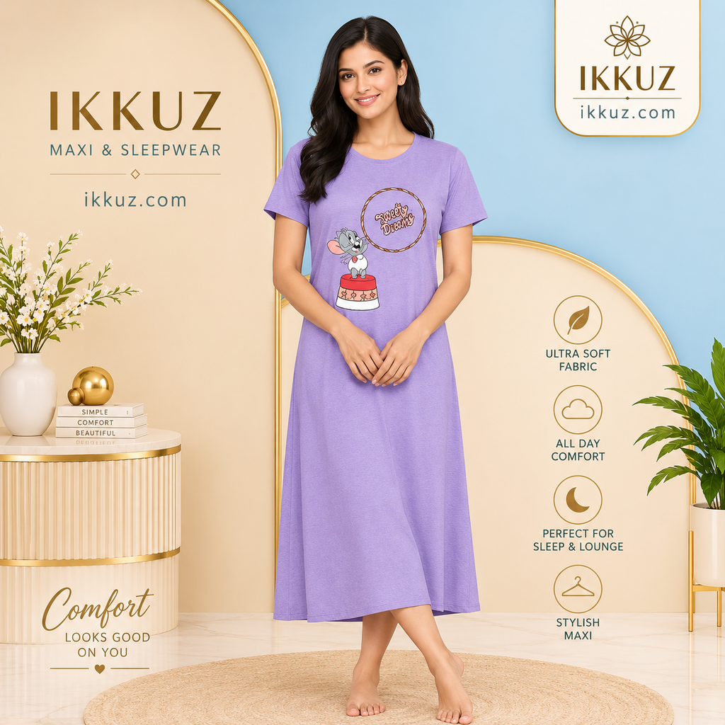 Lavender Comfort Premium 3/4 Nightdress – Stylish Printed Sleepwear