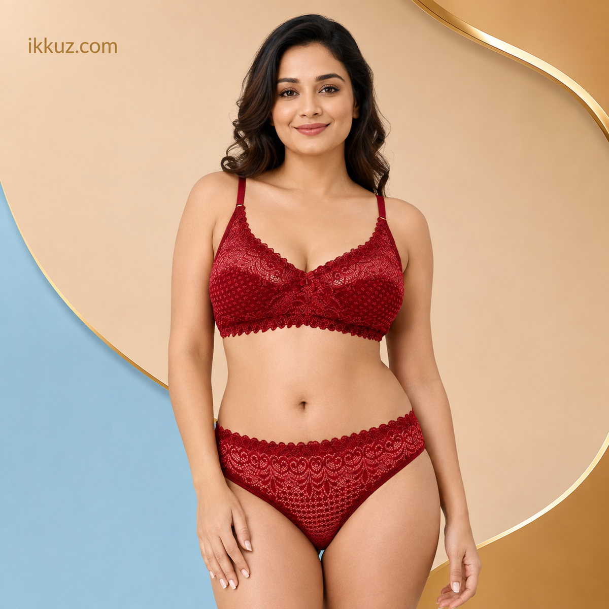 طقم ملابس داخلية نسائية من الدانتيل بنقشة الزهور NAYRAA Scarlet Elegance | حمالة صدر غير مبطنة وغير سلكية وسراويل داخلية بكيني | ملابس داخلية فاخرة للعرائس