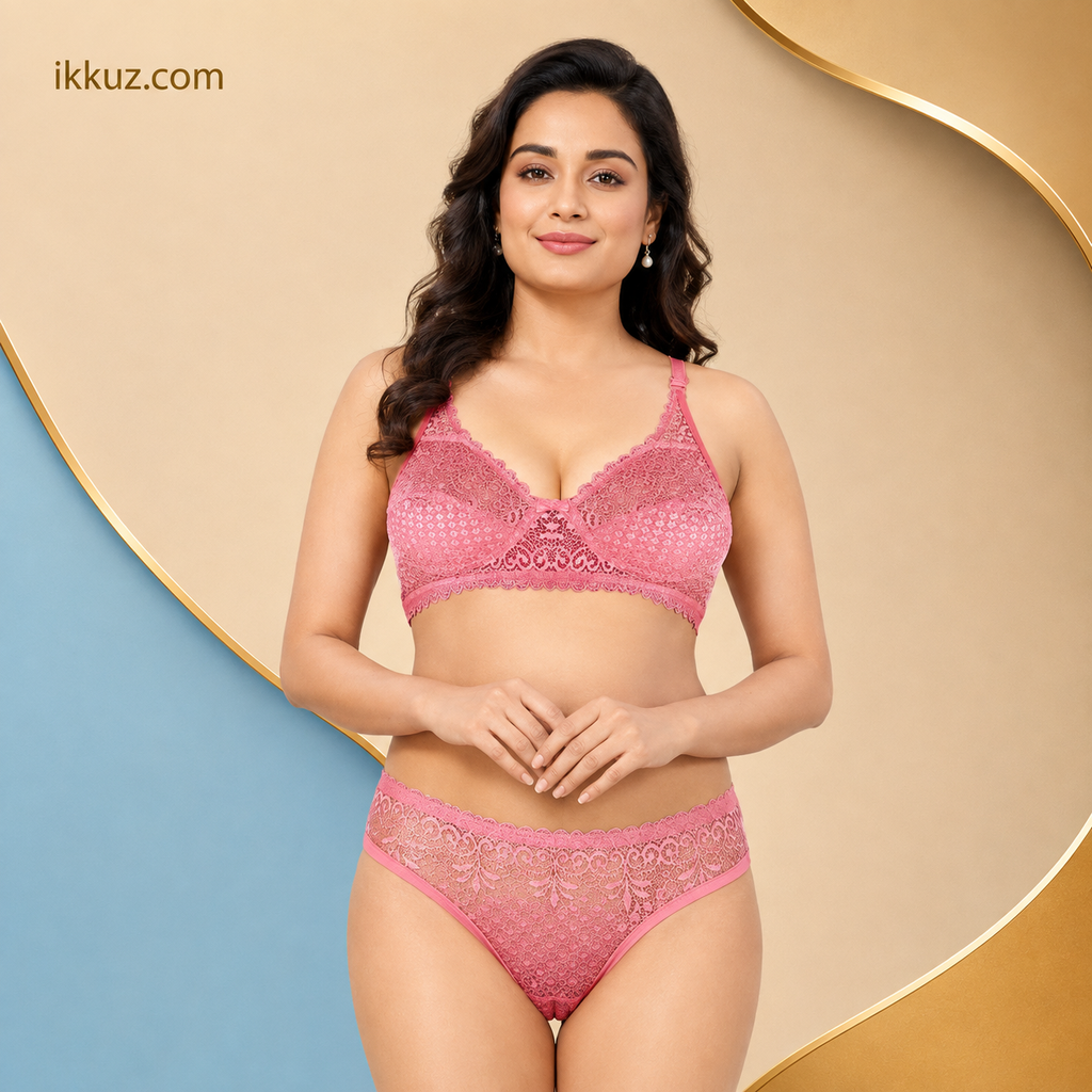 طقم ملابس داخلية نسائية من الدانتيل بنقشة الزهور NAYRAA Scarlet Elegance | حمالة صدر غير مبطنة وغير سلكية وسراويل داخلية بكيني | ملابس داخلية فاخرة للعرائس