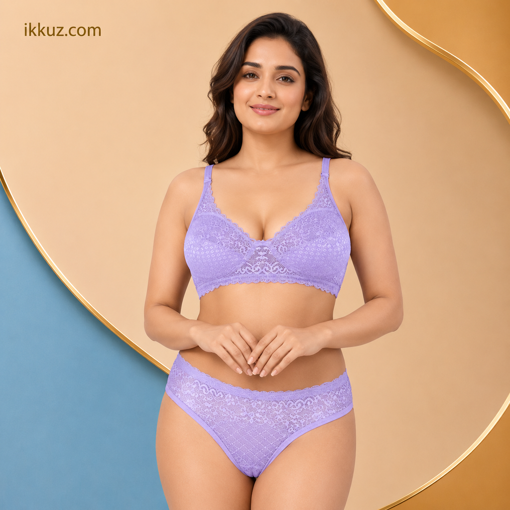 طقم ملابس داخلية نسائية من الدانتيل بنقشة الزهور NAYRAA Scarlet Elegance | حمالة صدر غير مبطنة وغير سلكية وسراويل داخلية بكيني | ملابس داخلية فاخرة للعرائس