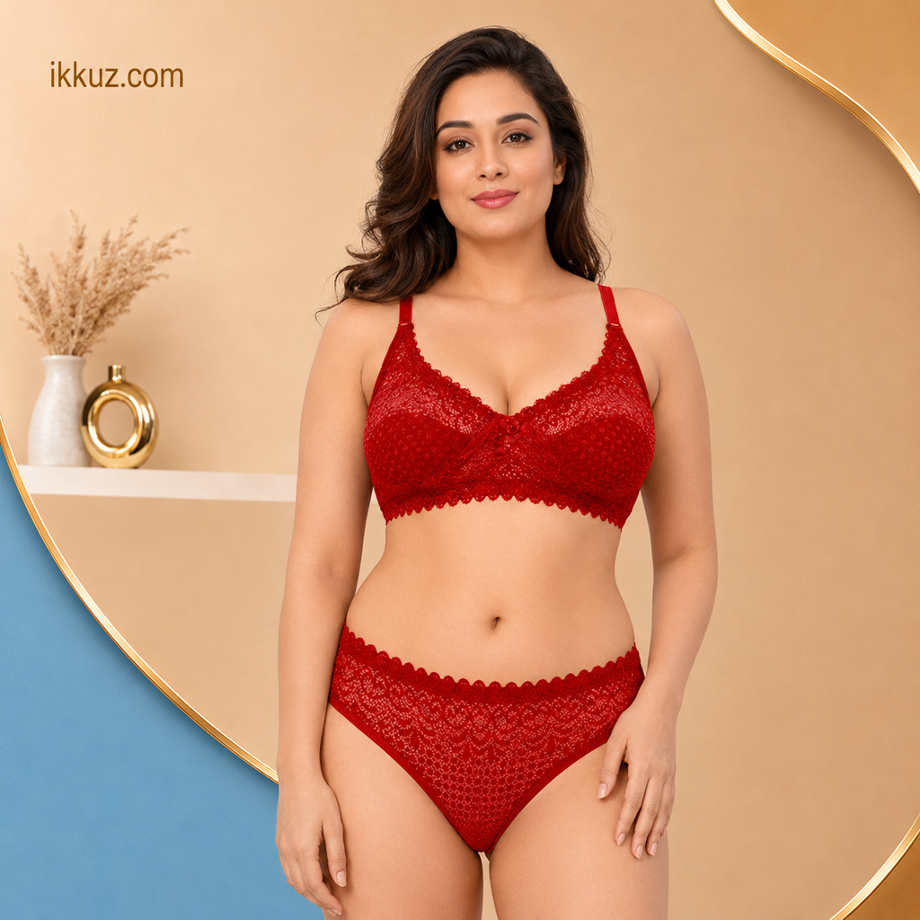 طقم ملابس داخلية نسائية من الدانتيل بنقشة الزهور NAYRAA Scarlet Elegance | حمالة صدر غير مبطنة وغير سلكية وسراويل داخلية بكيني | ملابس داخلية فاخرة للعرائس