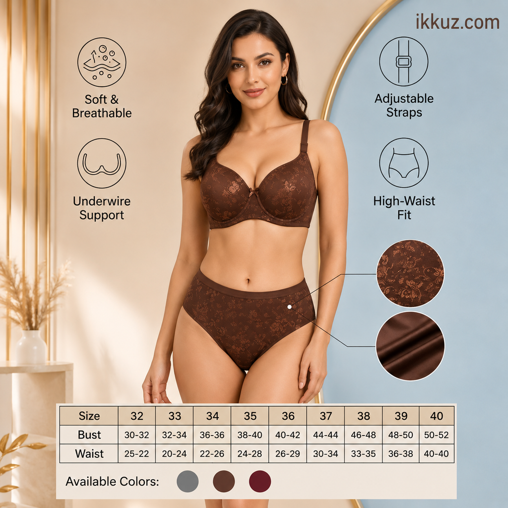 EleganceFit Floral Padded Bra &amp; Panty Set for Women – Full Coverage Everyday Comfort