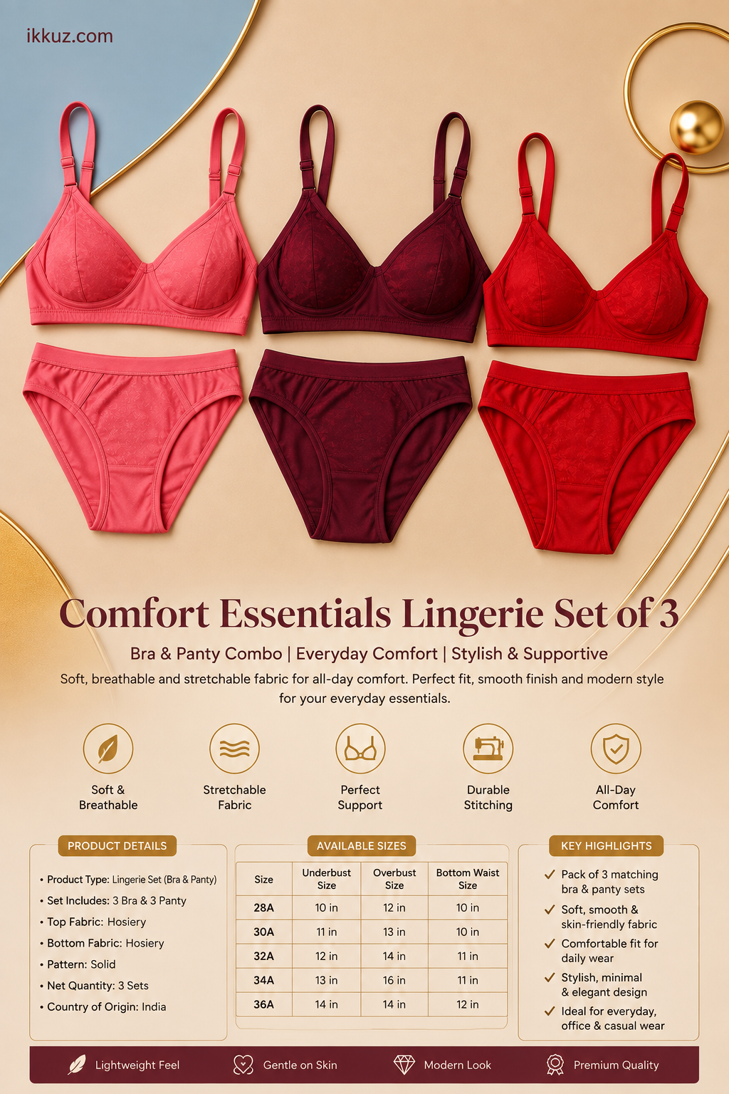 Women's Lingerie Set of 3 | Bra & Panty Combo | Soft Hosiery Fabric | Comfortable Everyday Innerwear | Stylish Matching Set