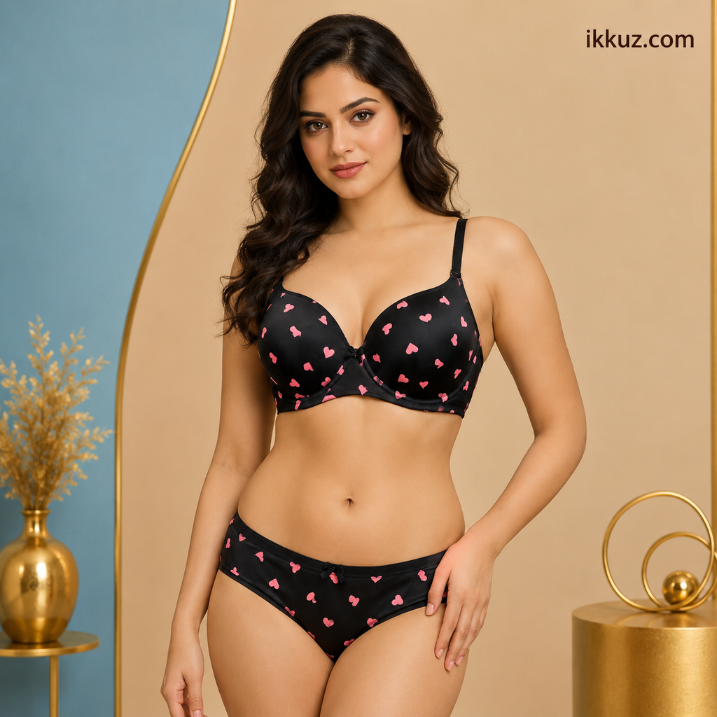 Women's Black Heart Print Padded T-Shirt Bra &amp; Panty Set | Seamless Full Coverage Non-Wired Lingerie Combo | Soft &amp; Breathable Nylon | Adjustable Straps | Sizes 30B–40C