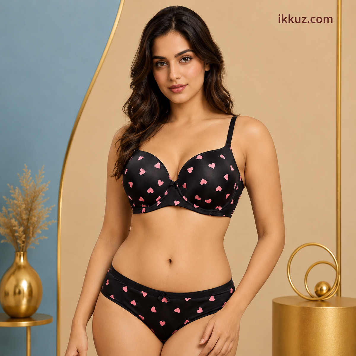 Women's Black Heart Print Padded T-Shirt Bra &amp; Panty Set | Seamless Full Coverage Non-Wired Lingerie Combo | Soft &amp; Breathable Nylon | Adjustable Straps | Sizes 30B–40C
