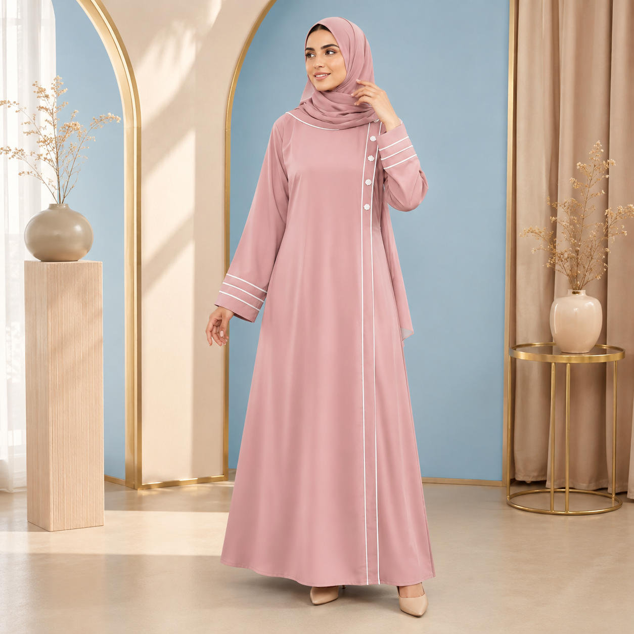 Baby Pink Premium Double Kotdori Designer Abaya with Four Button Detail