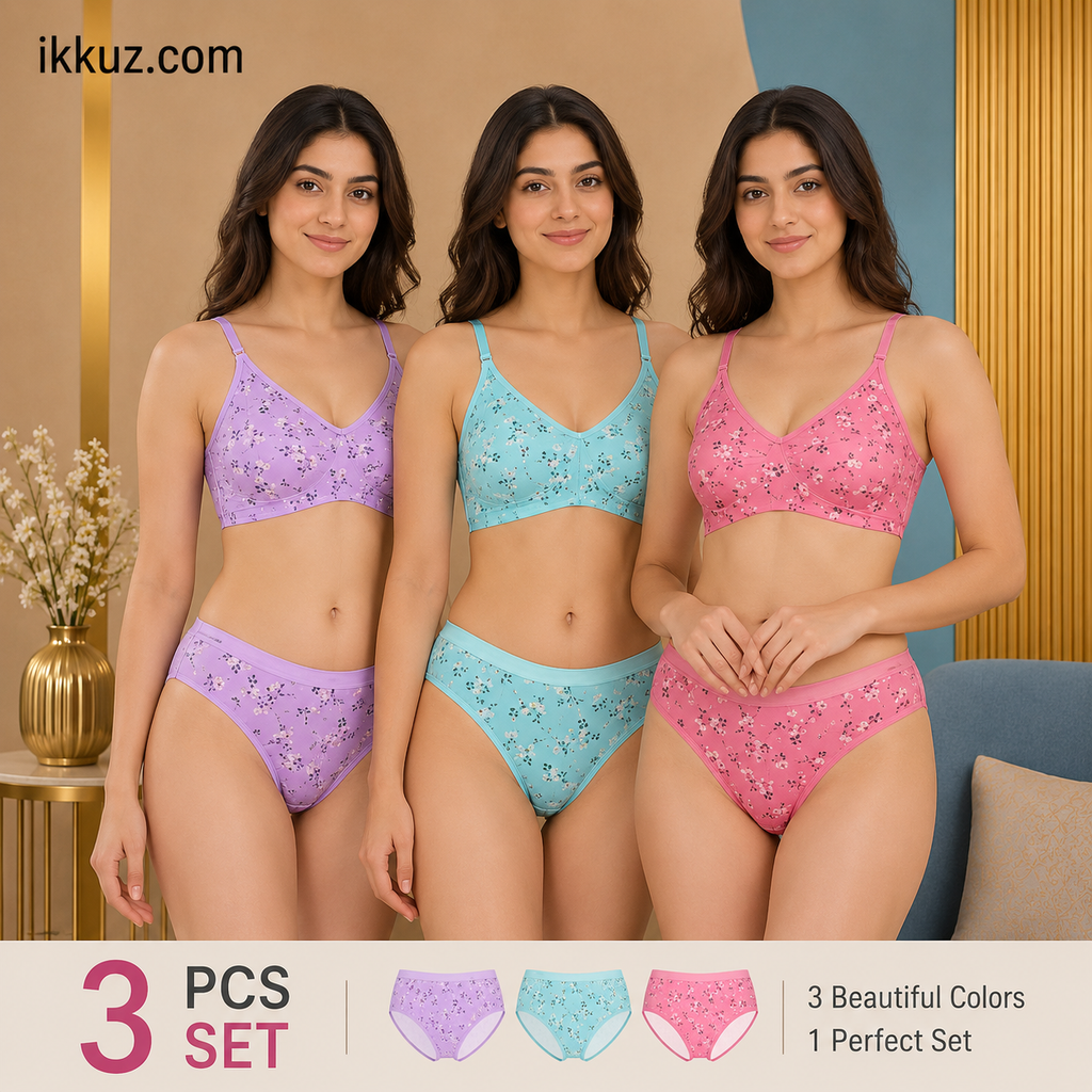 Women’s Cotton Blend Floral Bra &amp; Panty Set – Non-Padded Non-Wired Cup B Multi-Color Pack of 3