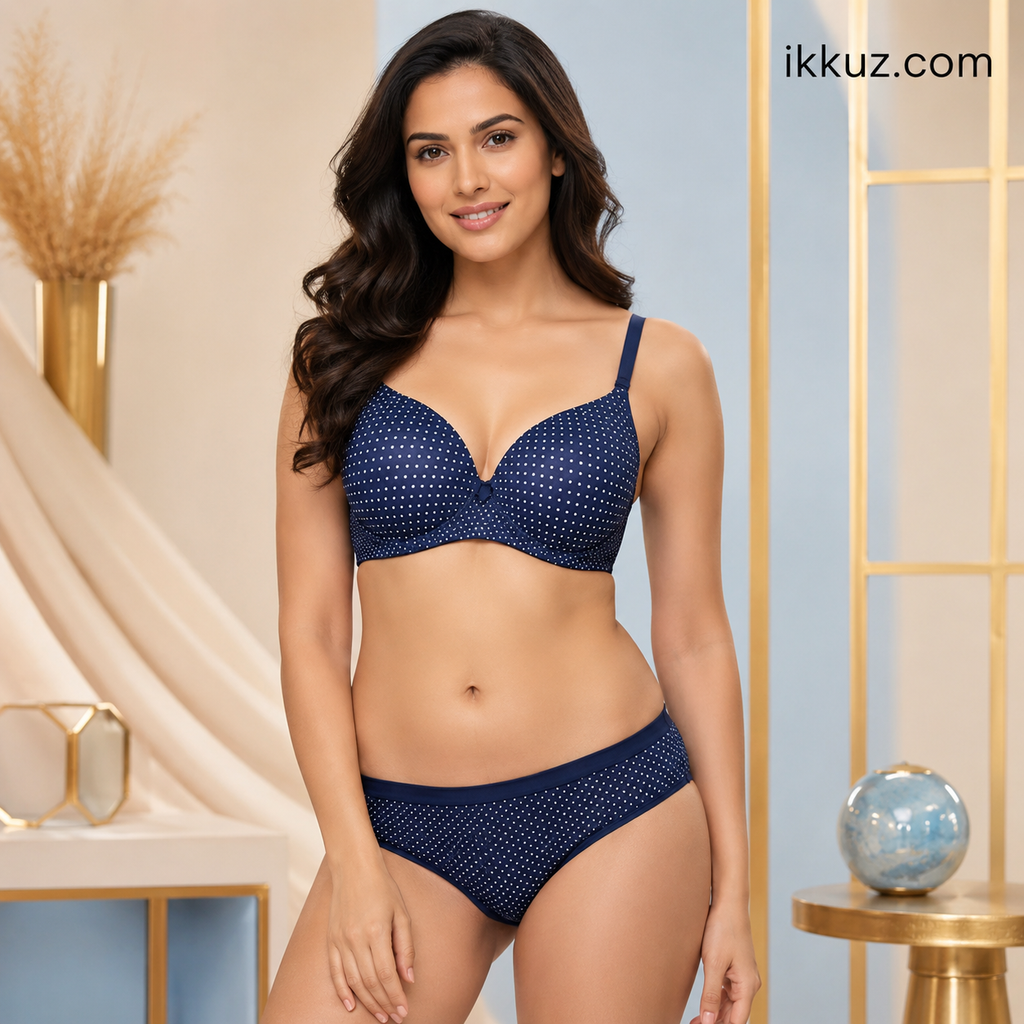 Women's Premium Navy Blue Polka Dot Padded Non-Wired Bra &amp; Hipster Panty Set