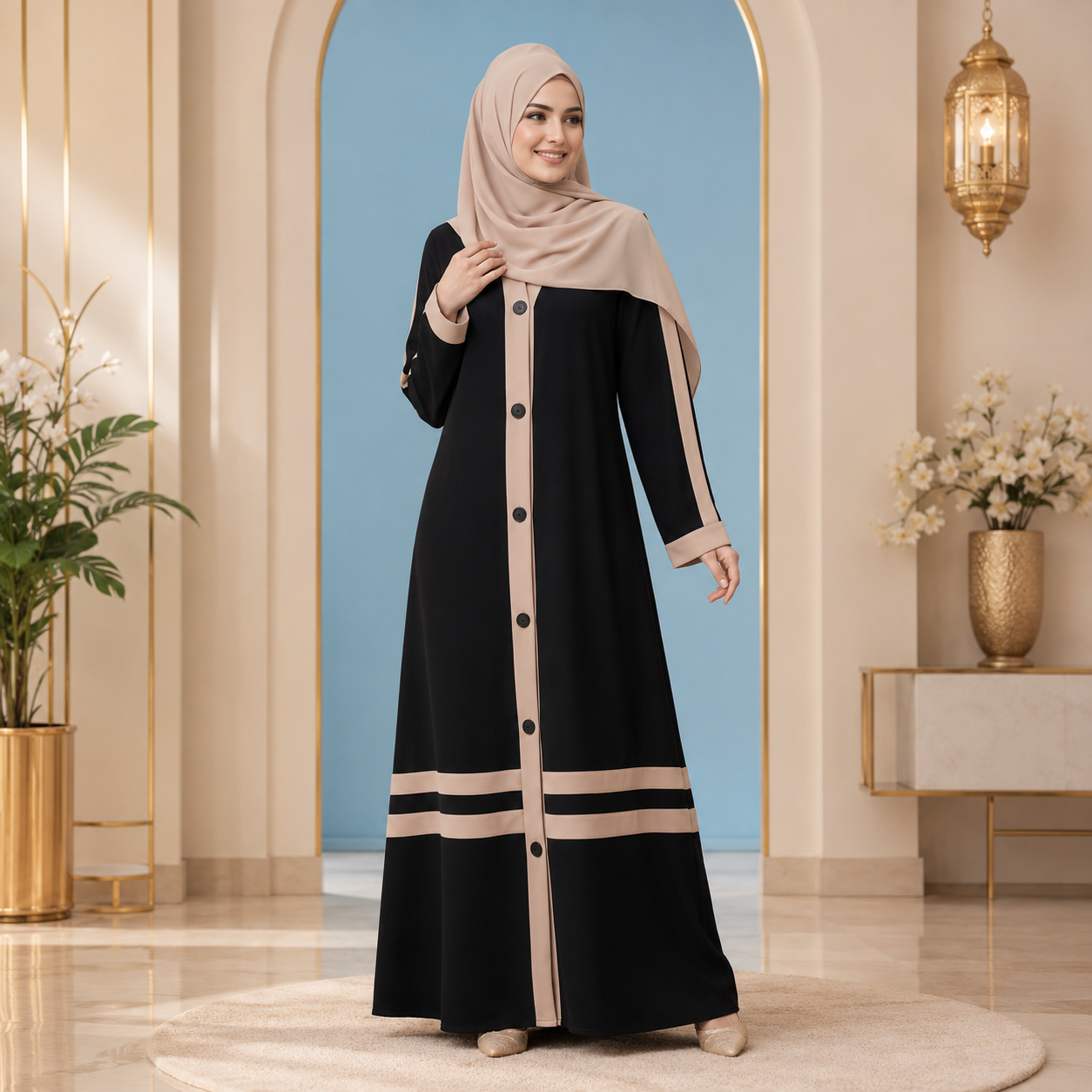 Women’s Black &amp; Taupe Front-Open Firdous Abaya – Elegant Modest Islamic Wear