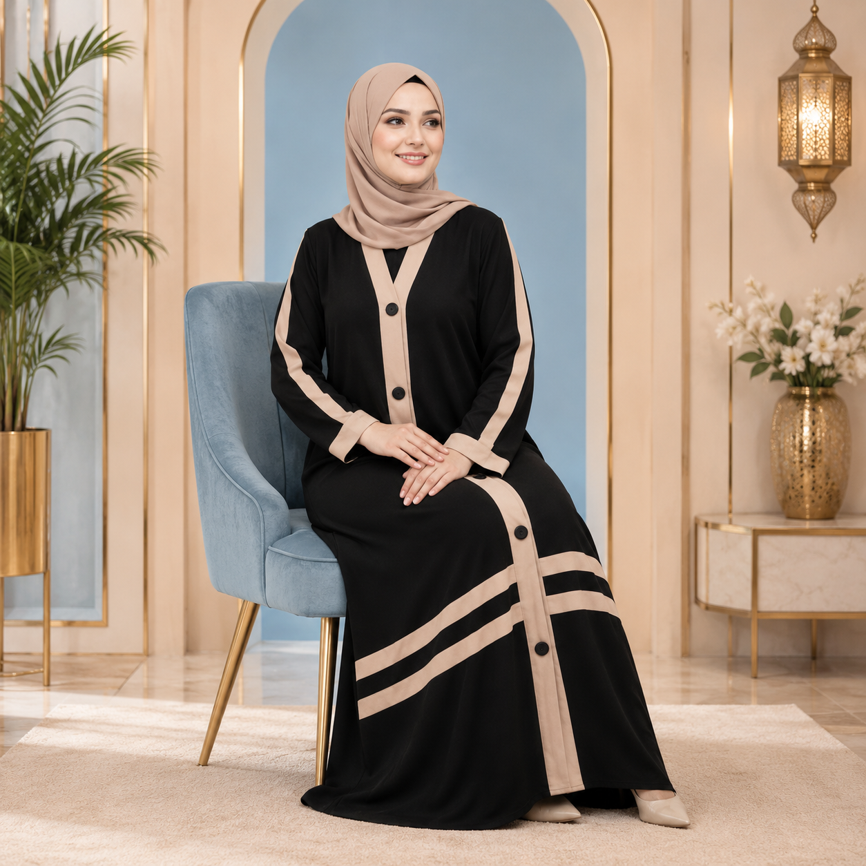 Women’s Black &amp; Taupe Front-Open Firdous Abaya – Elegant Modest Islamic Wear