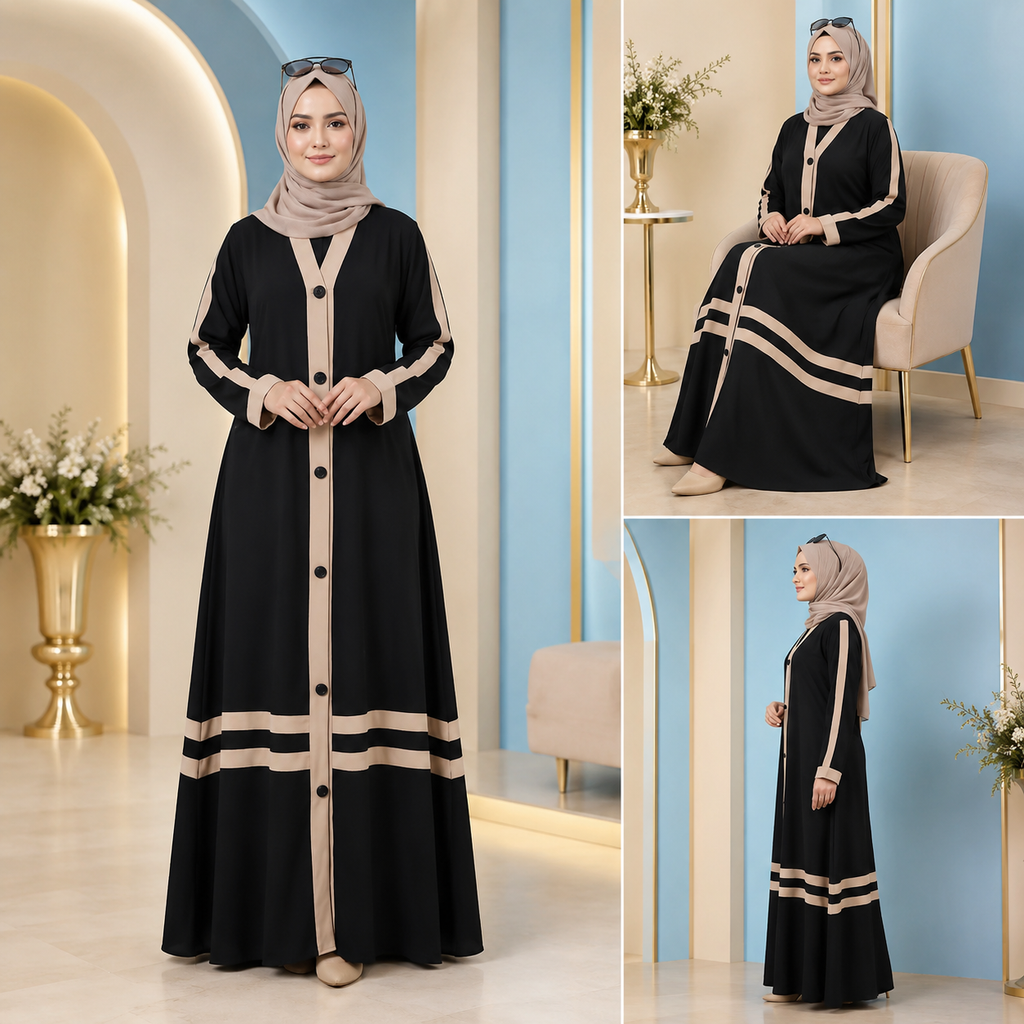 Women’s Black &amp; Taupe Front-Open Firdous Abaya – Elegant Modest Islamic Wear