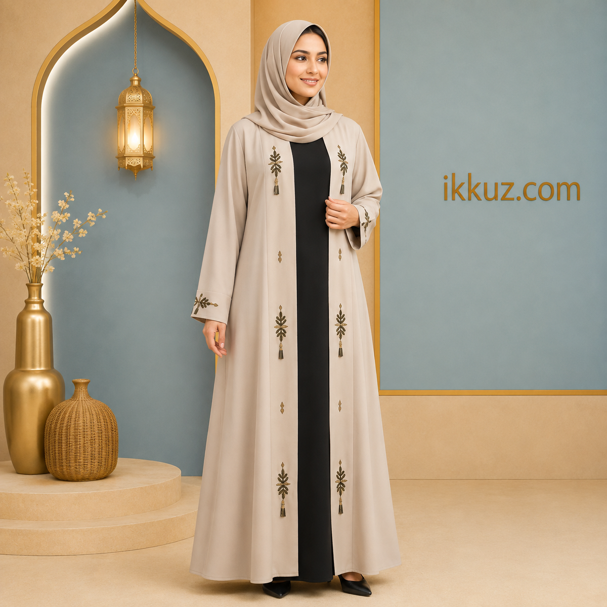 ARVEEL Black Cotton Silk Handwork Abaya | Elegant Dubai Style Embroidered Burqa with Hijab | Modest Islamic Wear