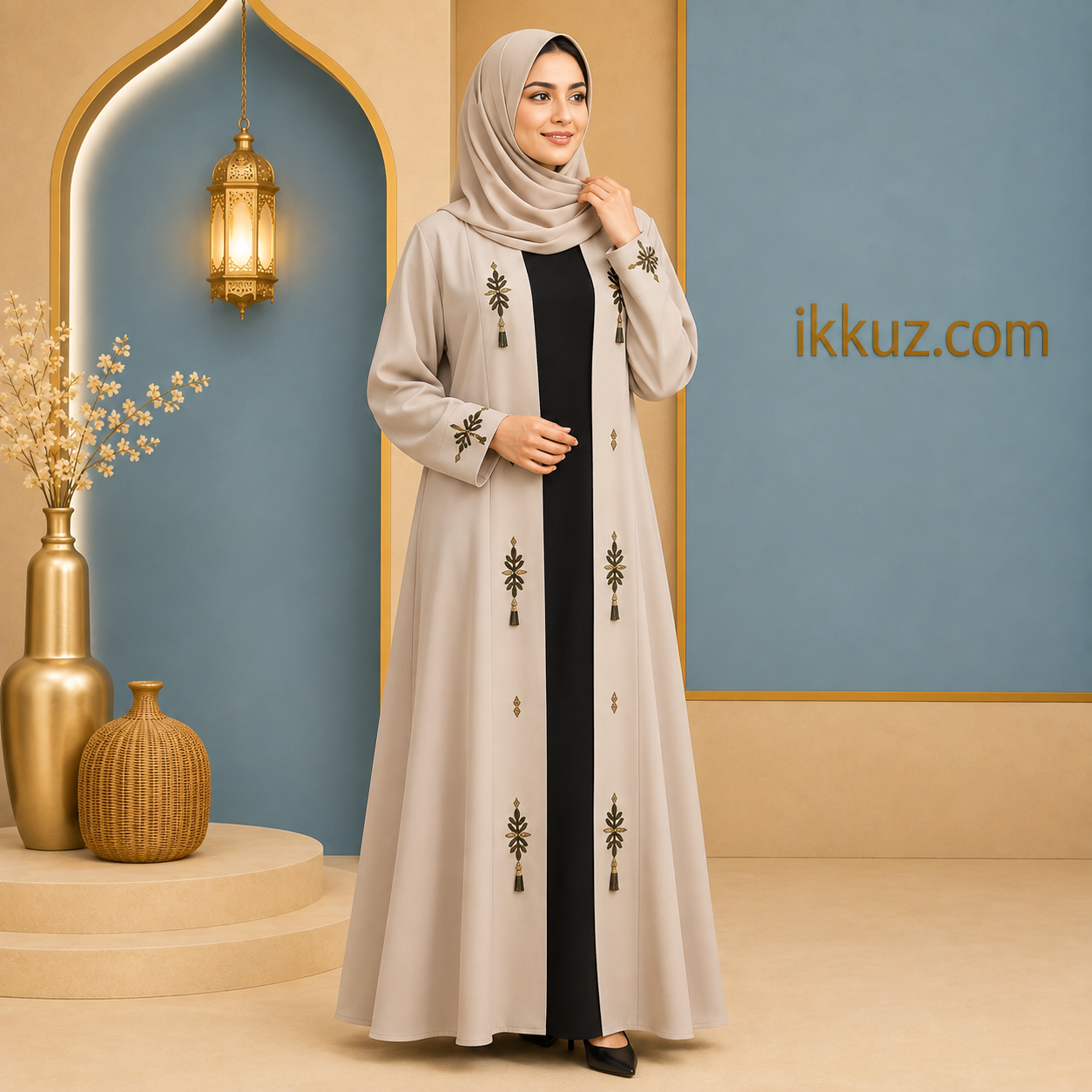 ARVEEL Black Cotton Silk Handwork Abaya | Elegant Dubai Style Embroidered Burqa with Hijab | Modest Islamic Wear