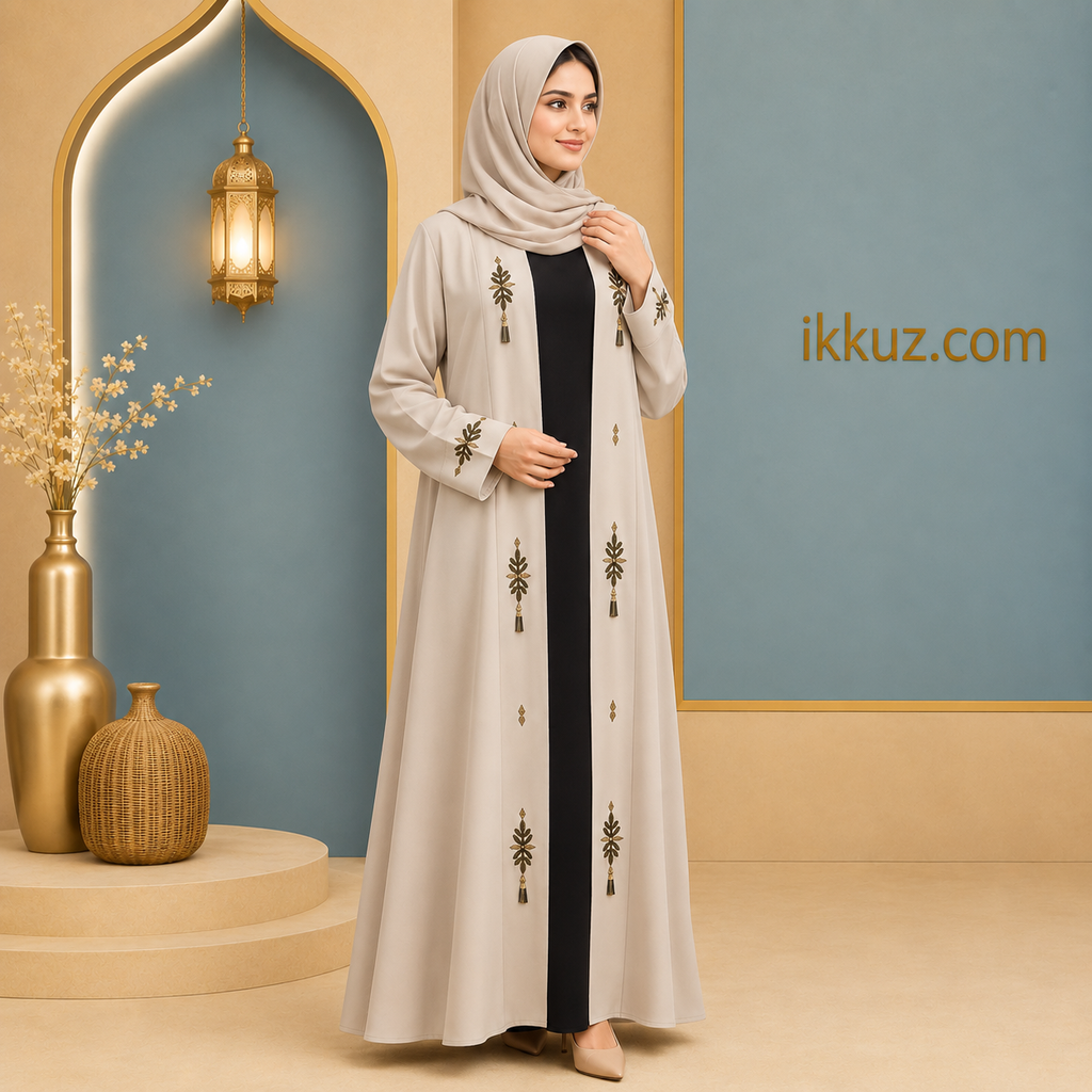 ARVEEL Black Cotton Silk Handwork Abaya | Elegant Dubai Style Embroidered Burqa with Hijab | Modest Islamic Wear