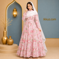 SARINKU Pink Floral Georgette Abaya | Dual-Layer Non-Transparent Shirt Style | Puff Sleeves, Belt &amp; Button Front | Elegant Islamic Wear