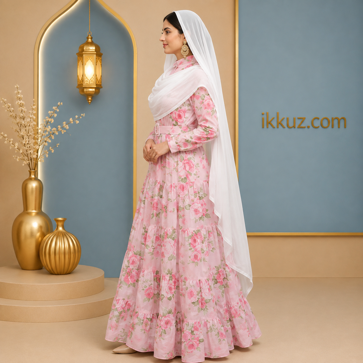 SARINKU Pink Floral Georgette Abaya | Dual-Layer Non-Transparent Shirt Style | Puff Sleeves, Belt &amp; Button Front | Elegant Islamic Wear
