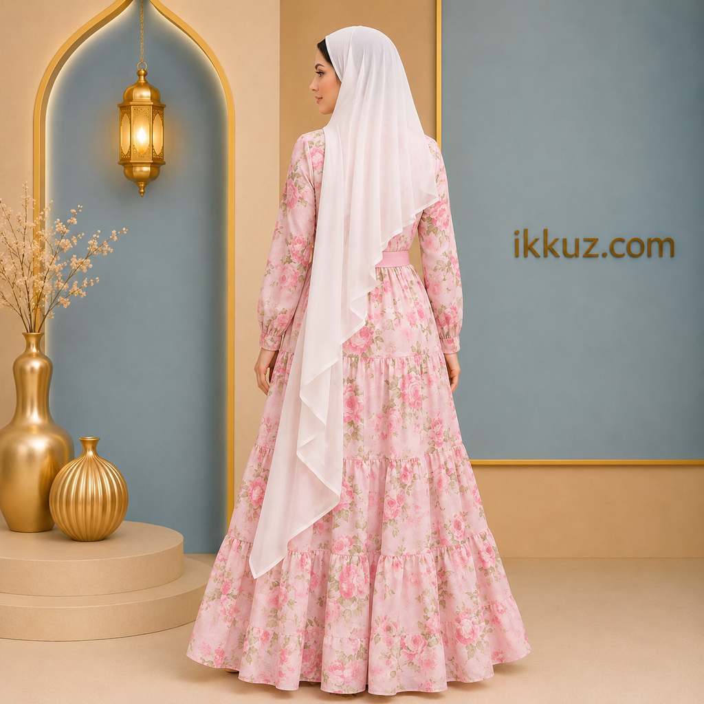 SARINKU Pink Floral Georgette Abaya | Dual-Layer Non-Transparent Shirt Style | Puff Sleeves, Belt &amp; Button Front | Elegant Islamic Wear