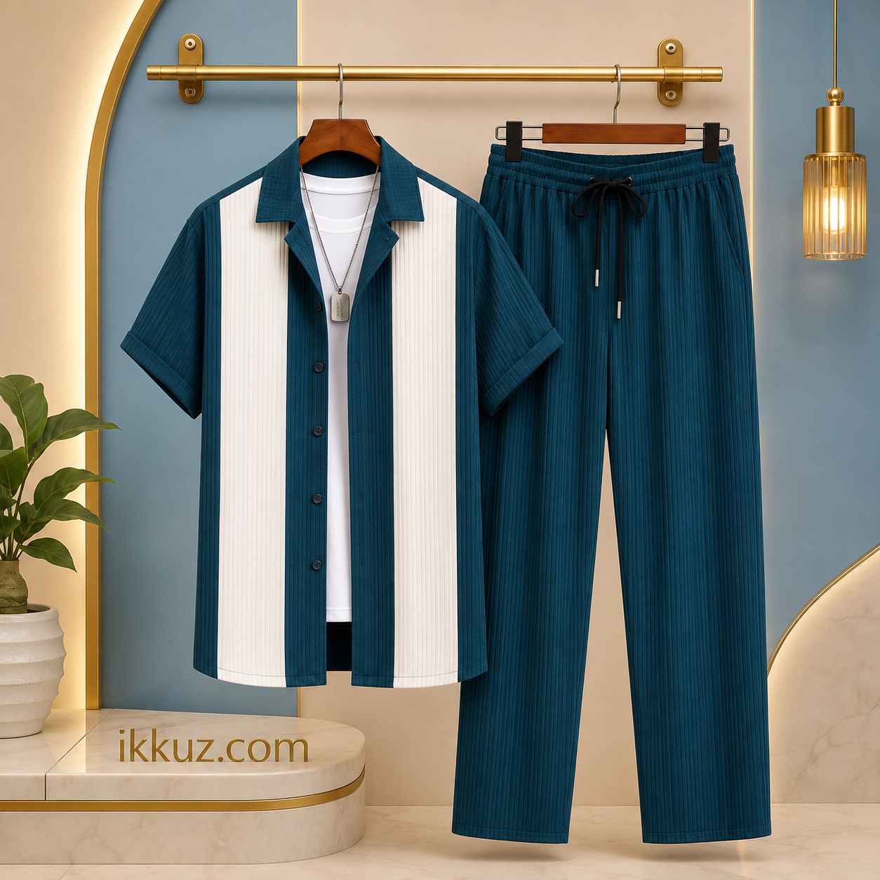 Men’s Premium Cotton Night Suit Set | Heavy Quality Textured Shirt &amp; Solid Pyjama | 2-Piece Nightwear Set