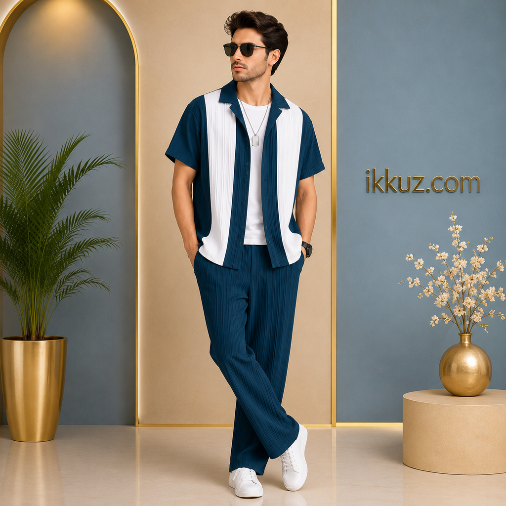 Men’s Premium Cotton Night Suit Set | Heavy Quality Textured Shirt &amp; Solid Pyjama | 2-Piece Nightwear Set