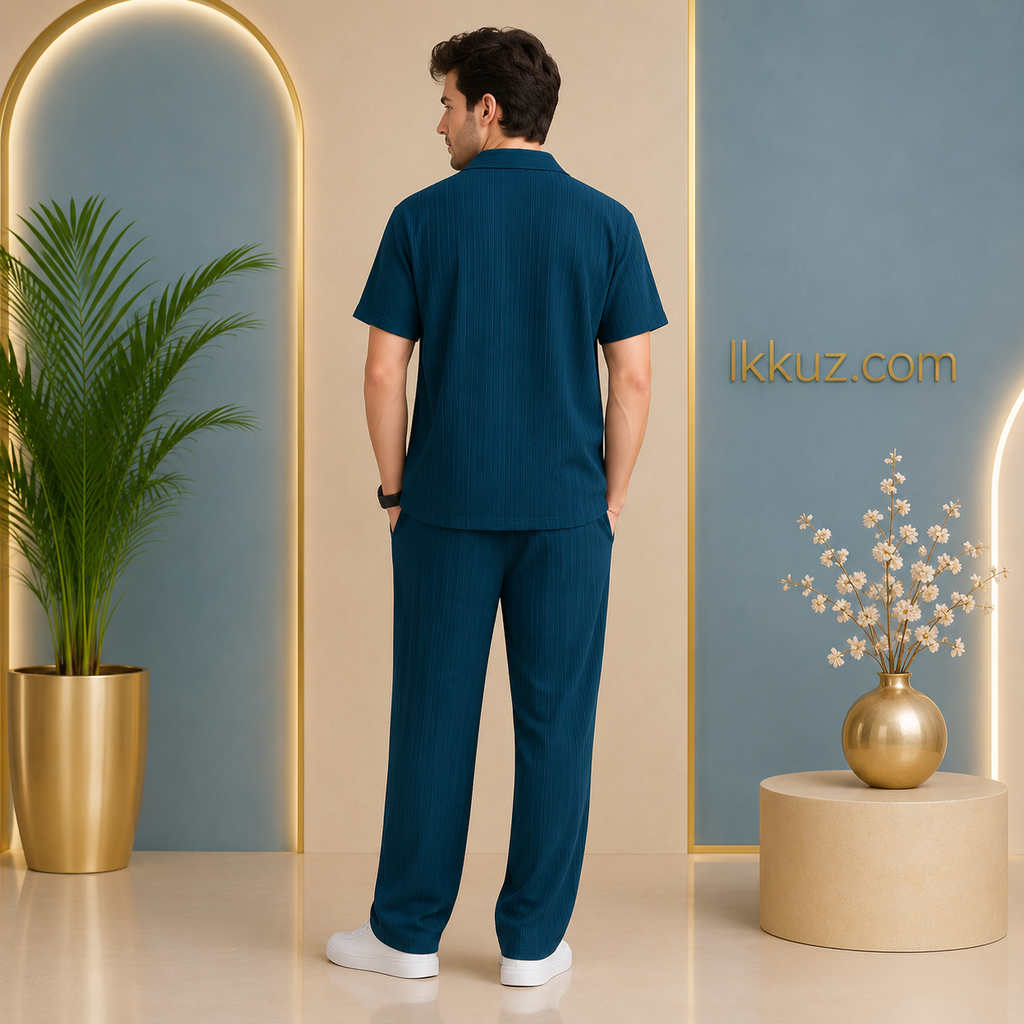 Men’s Premium Cotton Night Suit Set | Heavy Quality Textured Shirt &amp; Solid Pyjama | 2-Piece Nightwear Set
