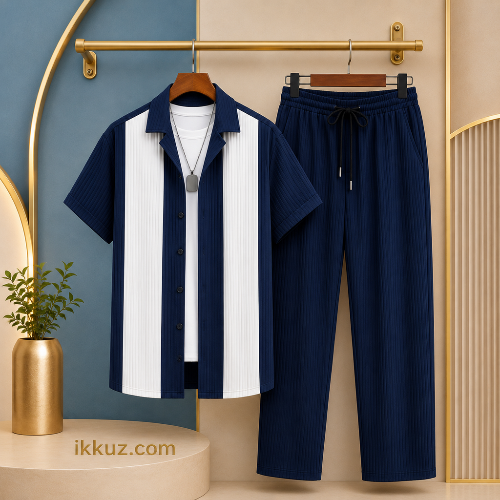 Men’s Premium Cotton Night Suit Set | Heavy Quality Textured Shirt &amp; Solid Pyjama | 2-Piece Nightwear Set