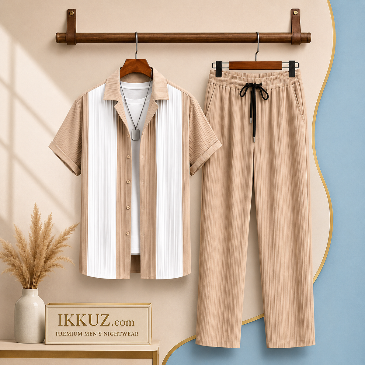 Men’s Premium Cotton Night Suit Set | Heavy Quality Textured Shirt &amp; Solid Pyjama | 2-Piece Nightwear Set