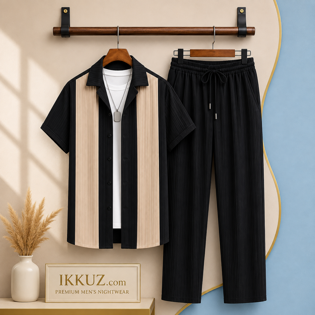Men’s Premium Cotton Night Suit Set | Heavy Quality Textured Shirt &amp; Solid Pyjama | 2-Piece Nightwear Set