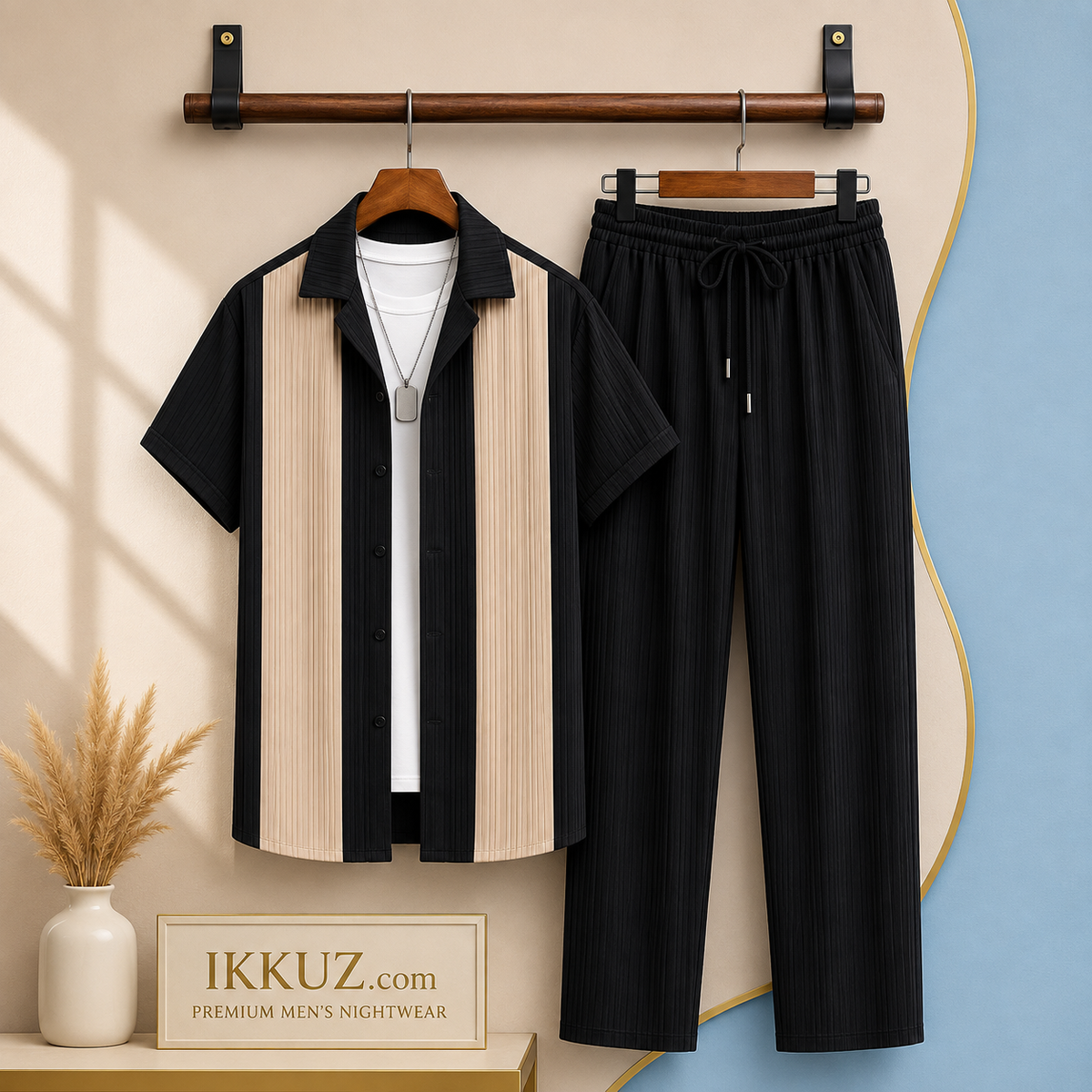 Men’s Premium Cotton Night Suit Set | Heavy Quality Textured Shirt &amp; Solid Pyjama | 2-Piece Nightwear Set