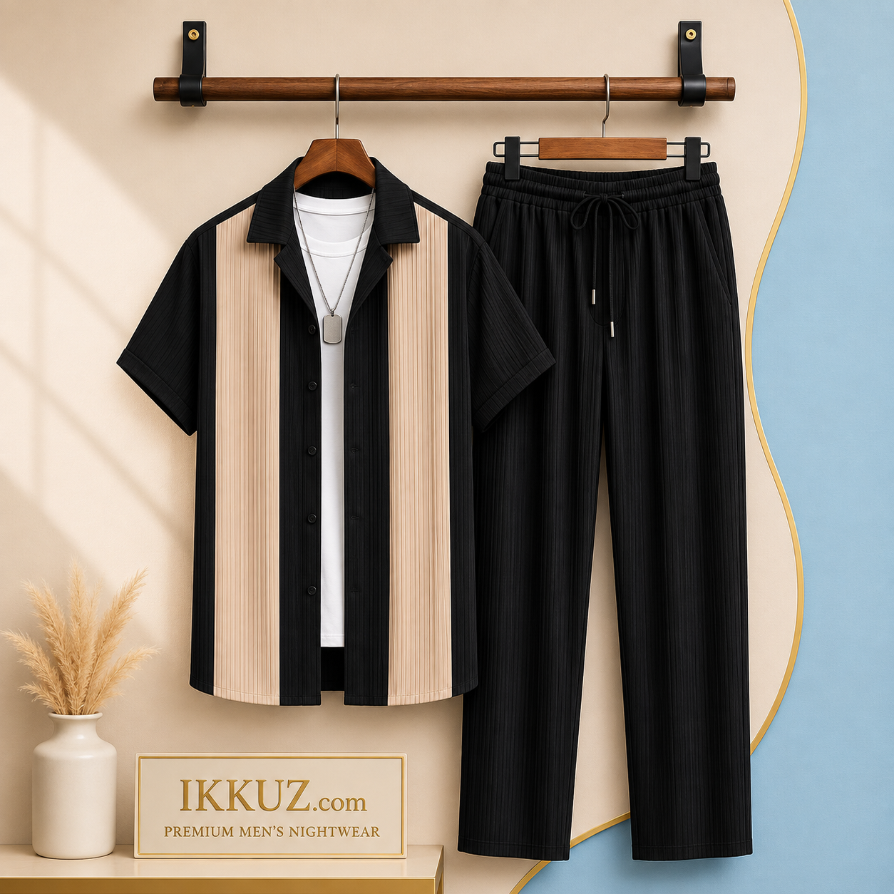 Men’s Premium Cotton Night Suit Set | Heavy Quality Textured Shirt &amp; Solid Pyjama | 2-Piece Nightwear Set