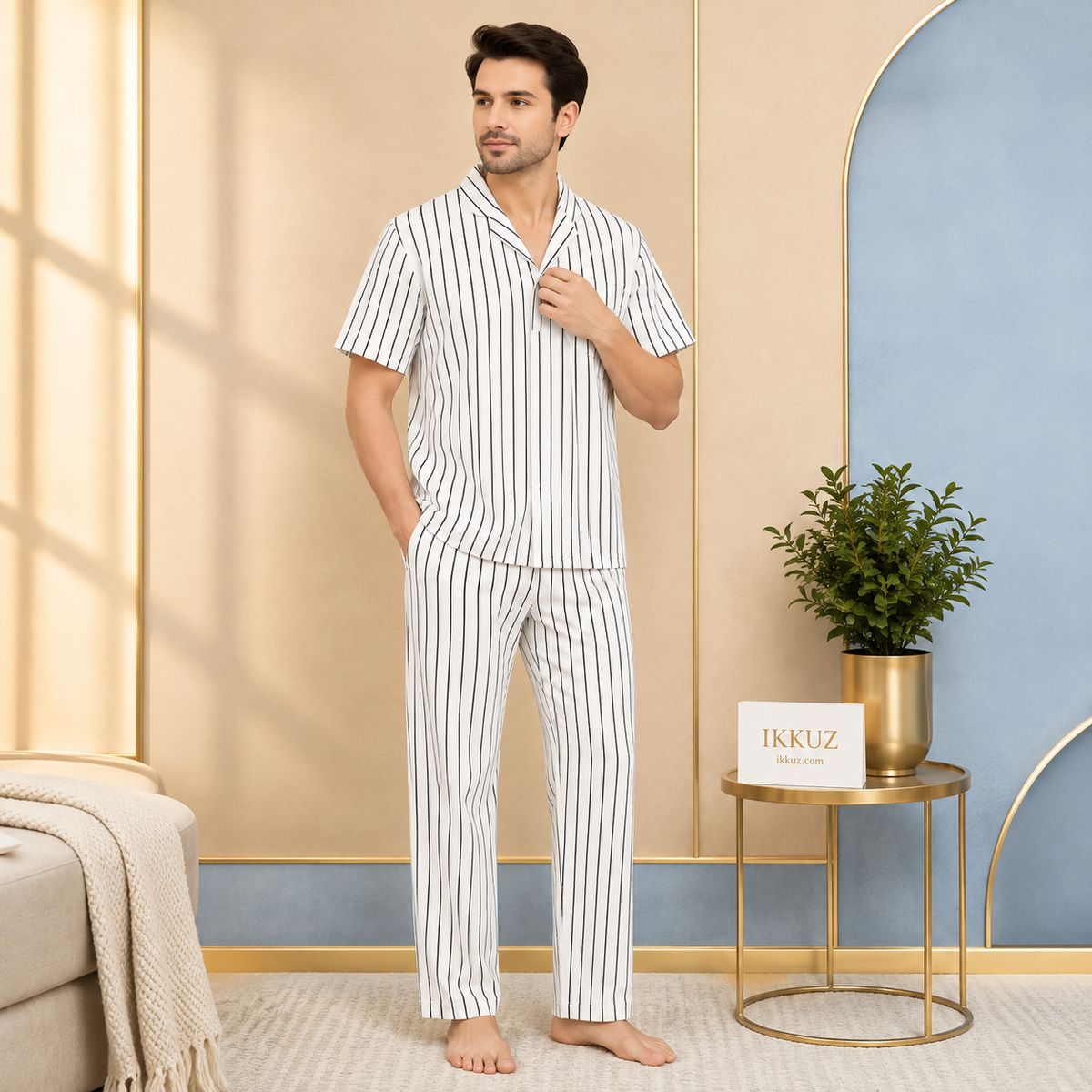 Premium Men's Striped Cotton Blend Nightsuit