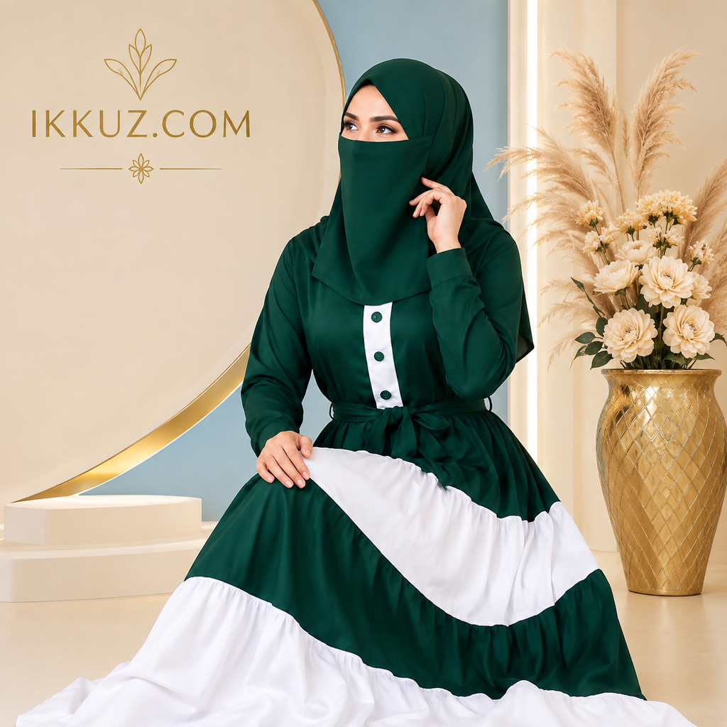 Elevate your modest wardrobe with this Premium Green &amp; White Tiered Ruffle Abaya with Matching Niqab Set, designed for women who love elegant Islamic fashion with a modern and graceful touch.