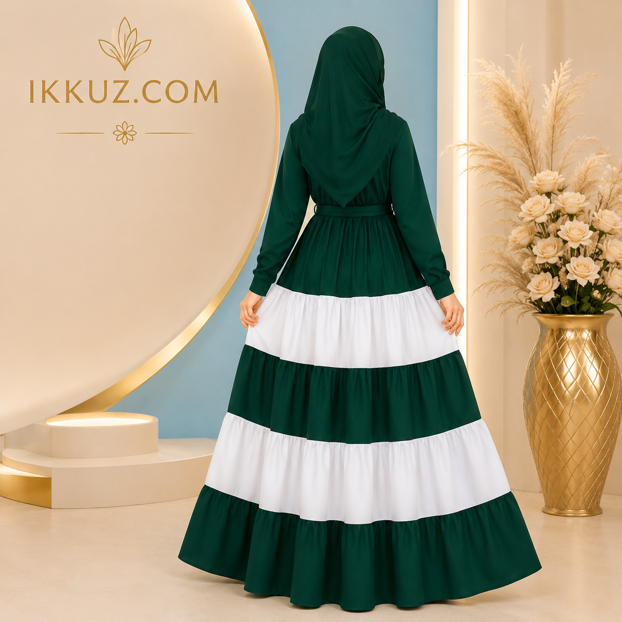 Elevate your modest wardrobe with this Premium Green &amp; White Tiered Ruffle Abaya with Matching Niqab Set, designed for women who love elegant Islamic fashion with a modern and graceful touch.
