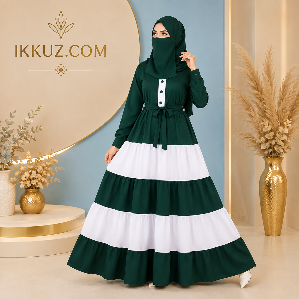 Elevate your modest wardrobe with this Premium Green &amp; White Tiered Ruffle Abaya with Matching Niqab Set, designed for women who love elegant Islamic fashion with a modern and graceful touch.