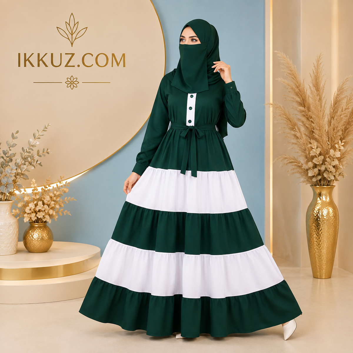 Elevate your modest wardrobe with this Premium Green &amp; White Tiered Ruffle Abaya with Matching Niqab Set, designed for women who love elegant Islamic fashion with a modern and graceful touch.