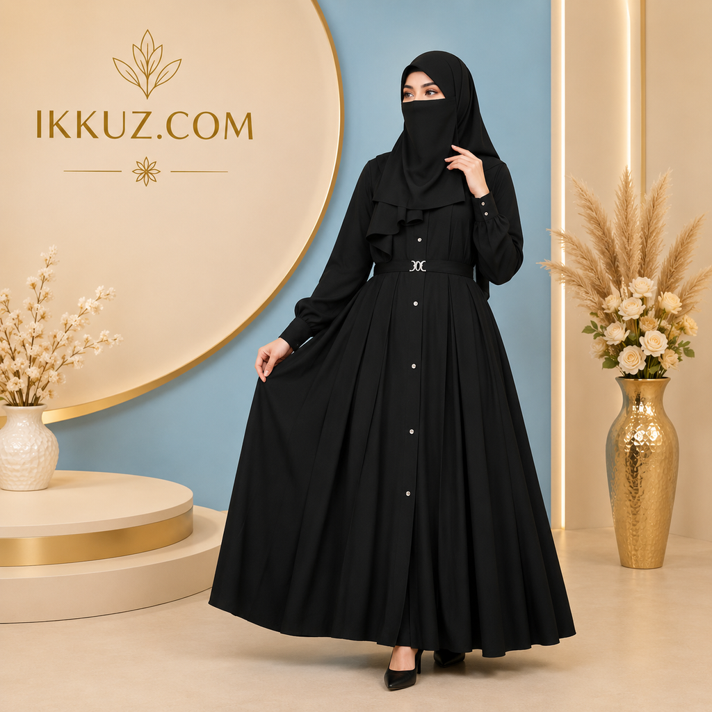 عباية نسائية ورجالية أنيقة بتصميم مظلة مع حزام وشال متناسق | ملابس إسلامية محتشمة فاخرة