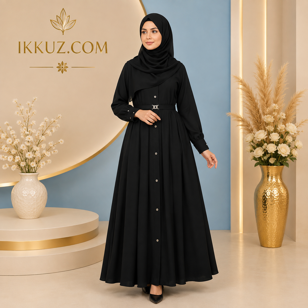 عباية نسائية ورجالية أنيقة بتصميم مظلة مع حزام وشال متناسق | ملابس إسلامية محتشمة فاخرة