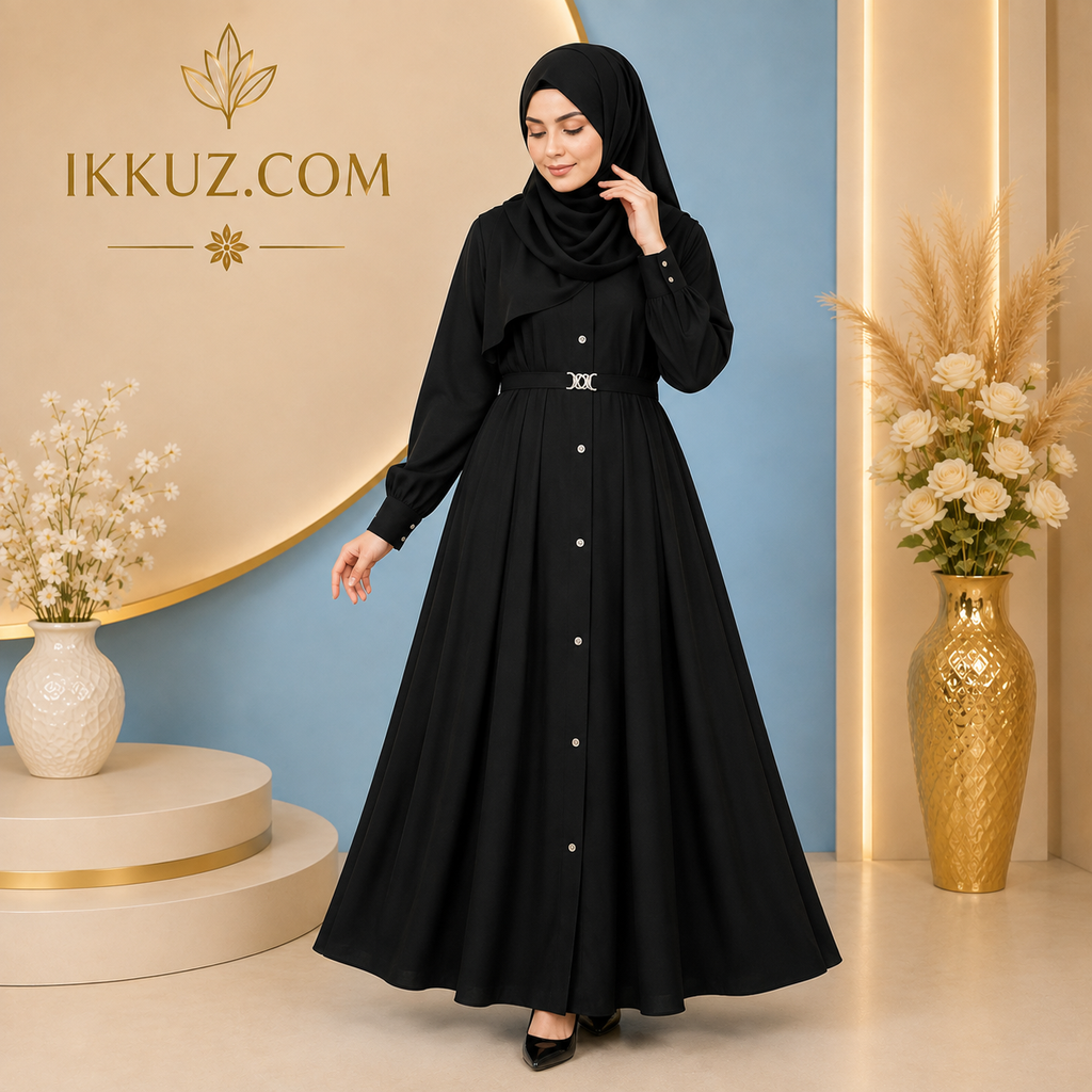عباية نسائية ورجالية أنيقة بتصميم مظلة مع حزام وشال متناسق | ملابس إسلامية محتشمة فاخرة