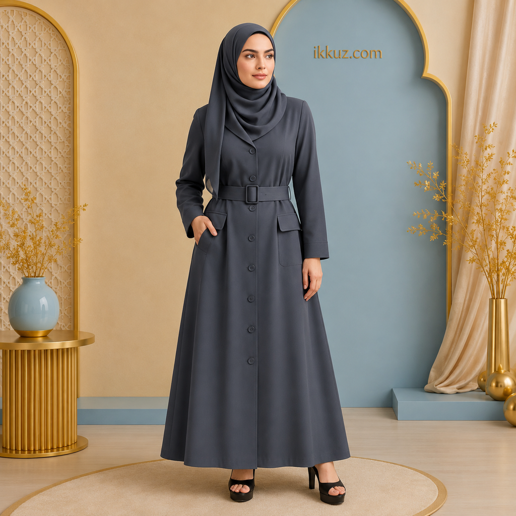 Premium Turkish Coat Style Abaya for Women | Kora Muslin Modest Islamic Wear | Front Open Belted Burkha with Pockets