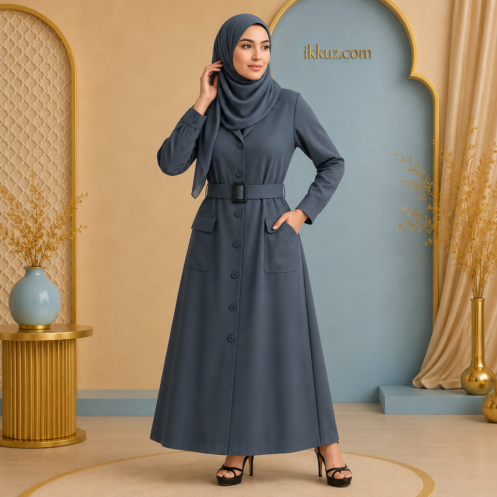 Premium Turkish Coat Style Abaya for Women | Kora Muslin Modest Islamic Wear | Front Open Belted Burkha with Pockets