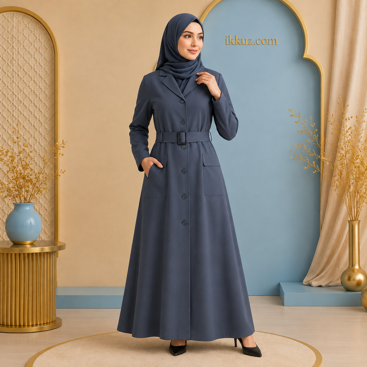 Premium Turkish Coat Style Abaya for Women | Kora Muslin Modest Islamic Wear | Front Open Belted Burkha with Pockets
