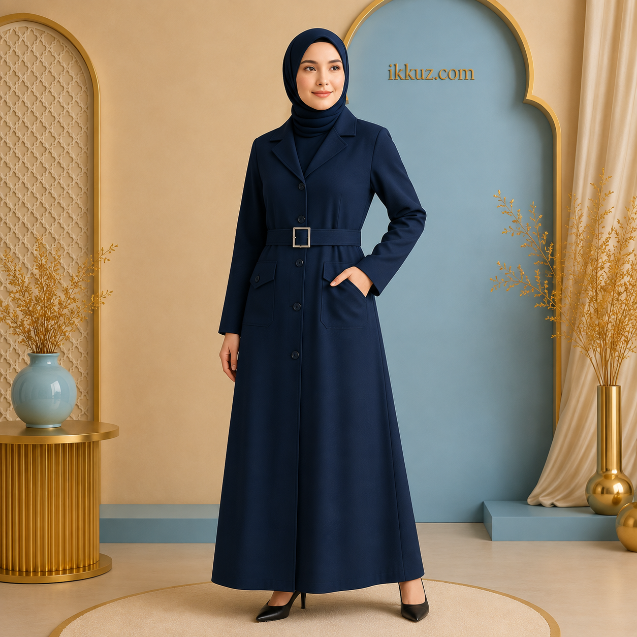 Premium Turkish Coat Style Abaya for Women | Kora Muslin Modest Islamic Wear | Front Open Belted Burkha with Pockets
