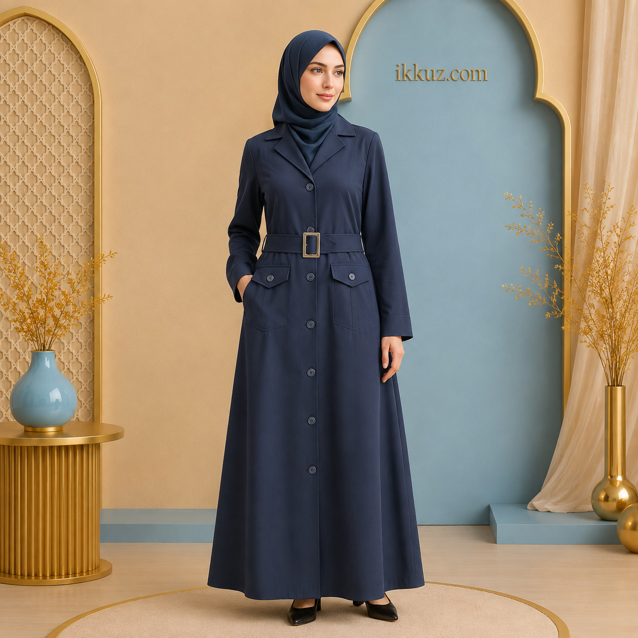 Premium Turkish Coat Style Abaya for Women | Kora Muslin Modest Islamic Wear | Front Open Belted Burkha with Pockets