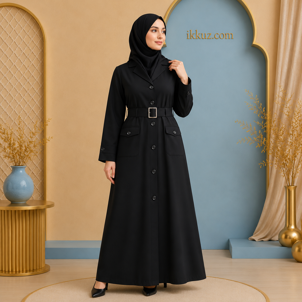 Premium Turkish Coat Style Abaya for Women | Kora Muslin Modest Islamic Wear | Front Open Belted Burkha with Pockets
