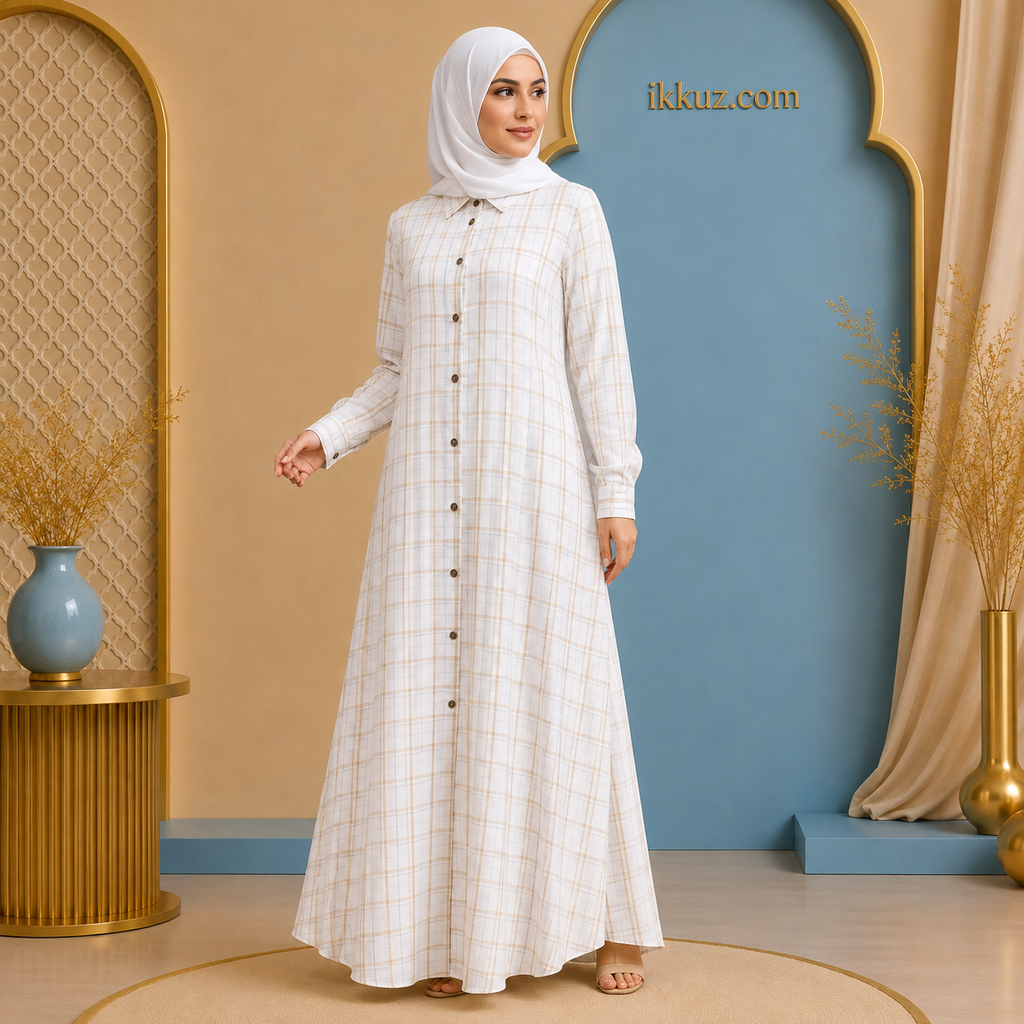 عباية نسائية مفتوحة من الأمام باللون الكريمي المخطط من الكريب الفاخر | ستايل قميص مناسب للرضاعة | أكمام بالون | بدون طرحة