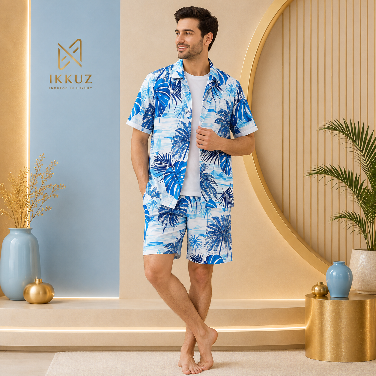 Men’s Premium Fancy Printed Night Suit | Shirt &amp; Shorts Co-Ord Set | Stylish Lycra Nightwear