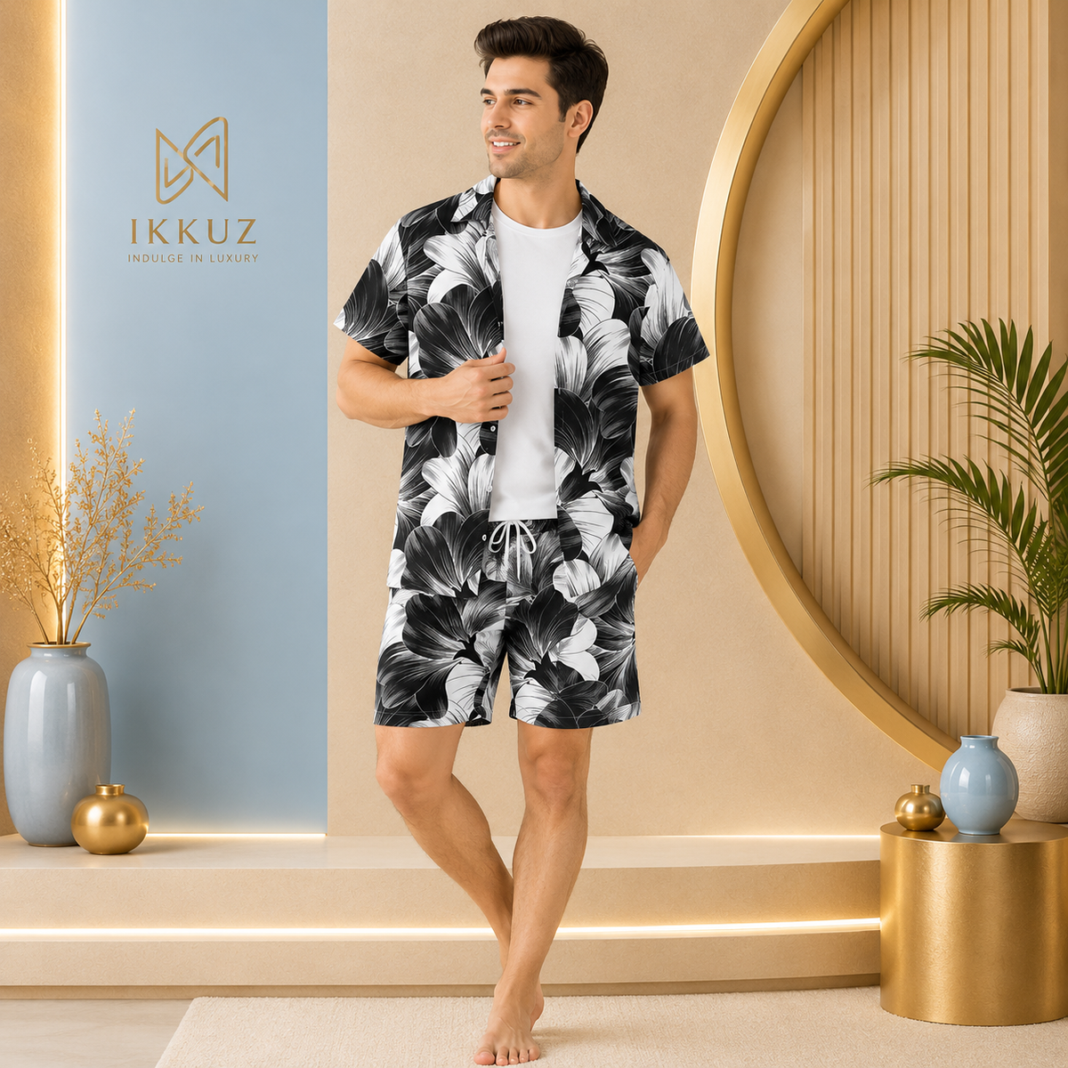 Men’s Premium Printed Co-ord Night Suit | Lyocell Shirt &amp; Shorts Set | Stylish Lounge &amp; Sleepwear